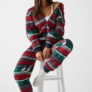 Fabletics fleece hooded onesie Festive Red and Green xxl
